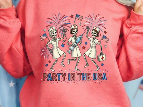 Nurse Skeleton Party USA Rhinestone Tshirt