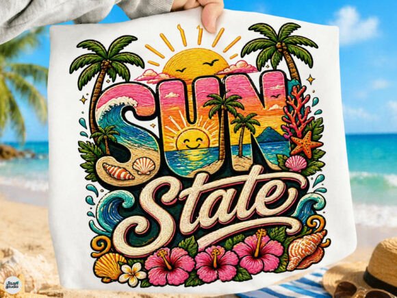 Sun State Retro Beach Sunset Summer PNG: Capture Coastal Charm